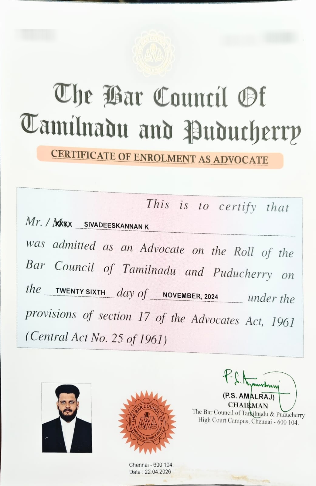Bar Council Advocate Enrollment Certificate